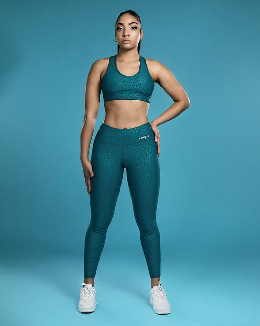 SHINY LEOPARD HIGH WAISTED LEGGING - DARK TEAL GREEN - CanelaFitness