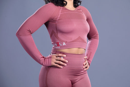 IMPRESSIVE SEAMLESS LONG SLEEVE CROP TOP - PEACOCK TICKLED PINK - CanelaFitness